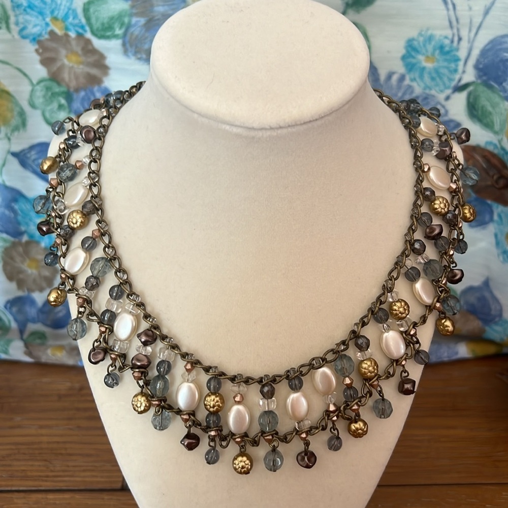 Unique Mixed Metal, Faux Pearl & Beaded Bib Collar Style Statement Necklace